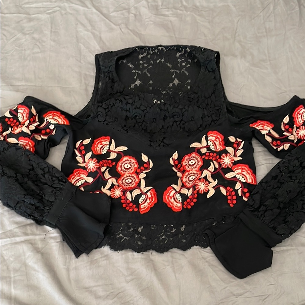 Floral Embroidered Black Lace Top